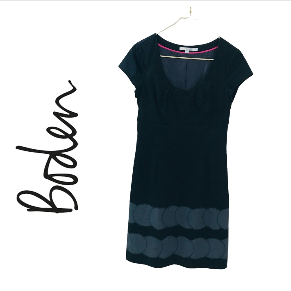 BODEN! {6} Shift Dress Black Cotton Knee Length Cap Sleeve Gray Circles - Picture 1 of 9